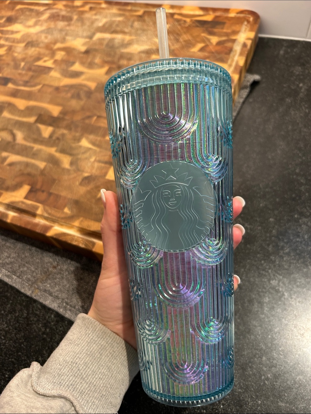Starbucks Iridescent Aqua Blue Textured Cold Cup with Straw